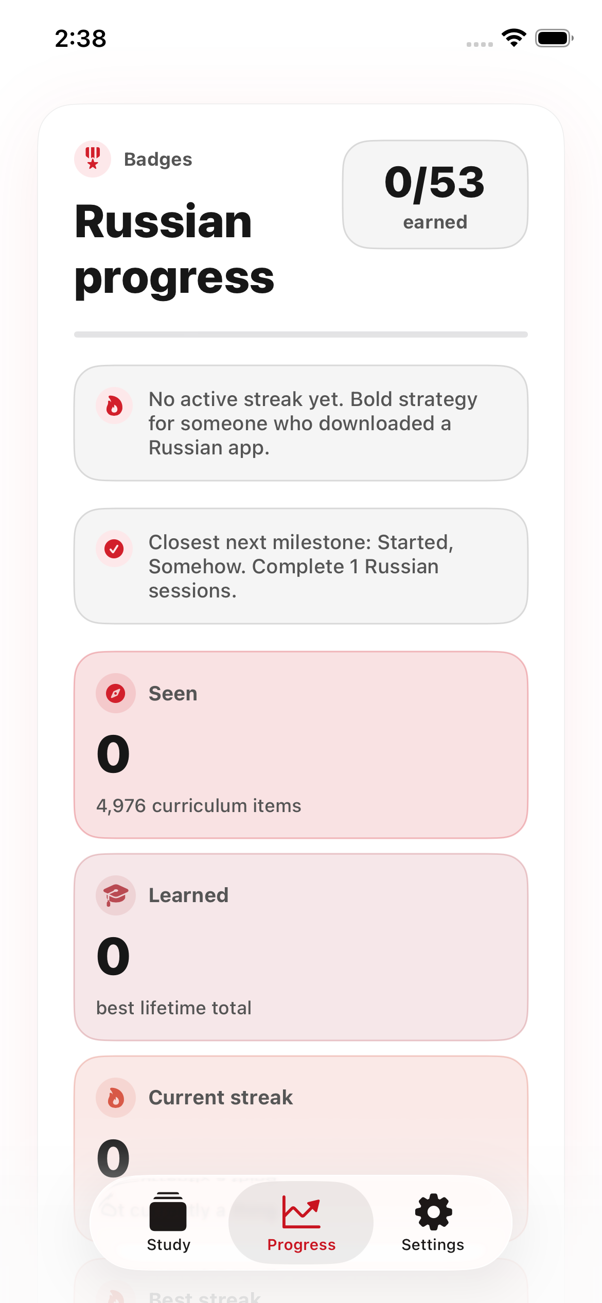 Slovomir progress screen showing badges and study progress.