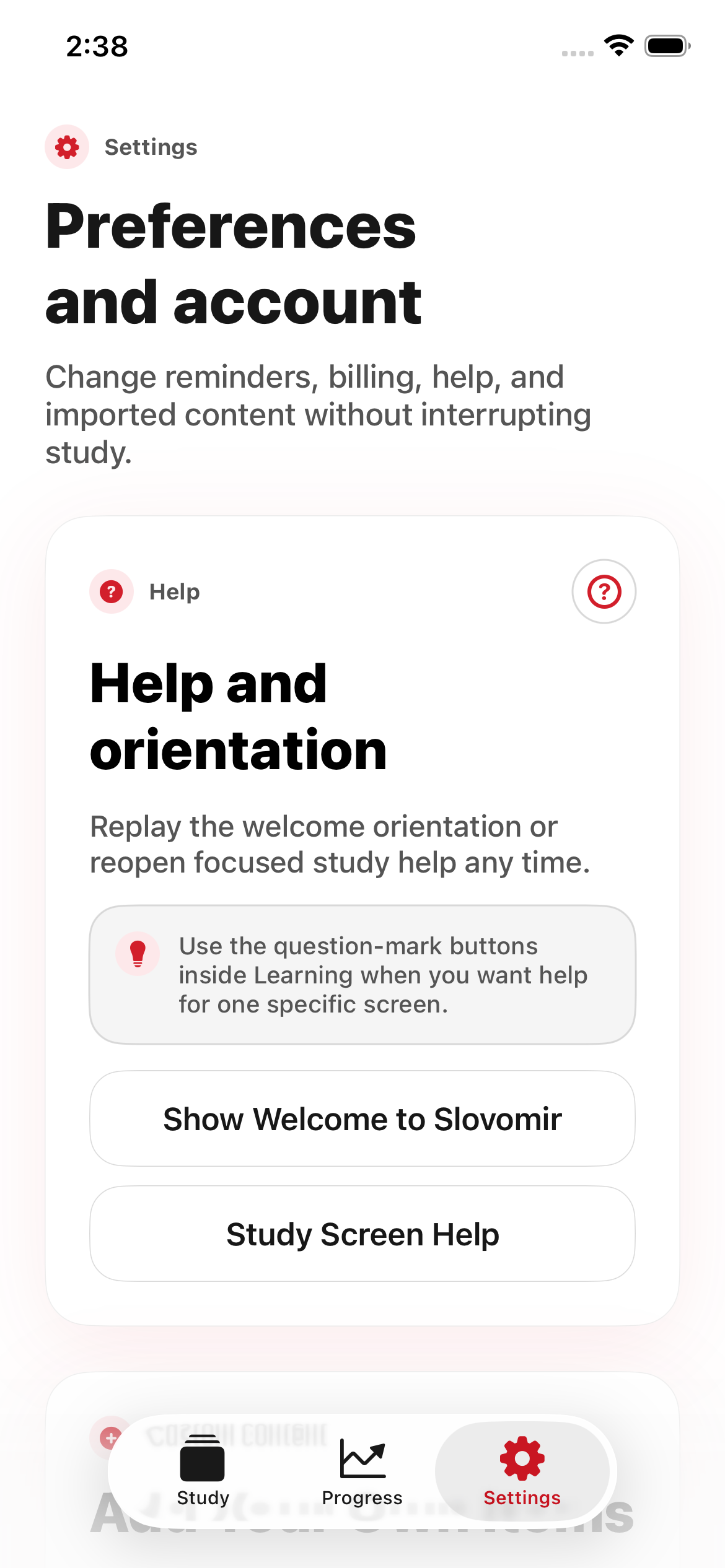 Slovomir settings screen with account and study preferences.
